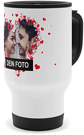 PhotoFancy® - Personalisierter Thermobecher 'Herzrahmen' - Isolierbecher To go mit eigenem Foto und Text selbst gestalten - Layout Herzrahmen