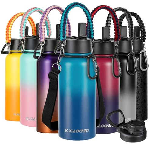 KXIAOCHEN Insulated Water Bottle, Stainless Steel Water Bottle, 2 Lids (Straw and Handle Lid),Wide Mouth Metal Water Bottles Keep Hot and Cold, Double Walled, Thermo Mug, Metal Canteen