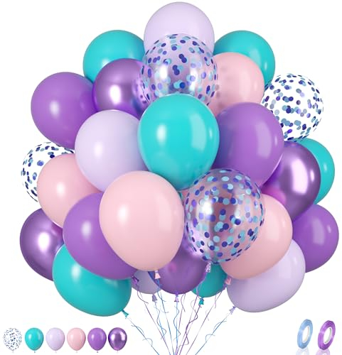 Luftballons Meerjungfrau, 60 Stück Lila Rosa Blau Luftballons, 12 Zoll Metallic Lila Blau Latexballons, Meerjungfrau Konfetti Ballons für Mädchen Meerjungfrauen Geburtstag Babyparty Hochzeit Deko
