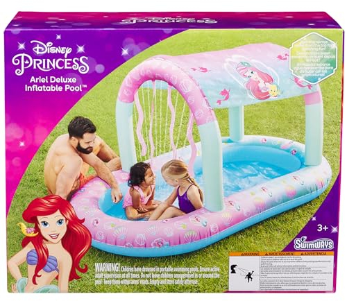 SwimWays Disney Princess Ariel Water Castle Deluxe Inflatable Pool, Above Ground Pool with Canopy and Fast Inflation for Kids Aged Aged 3 & Up