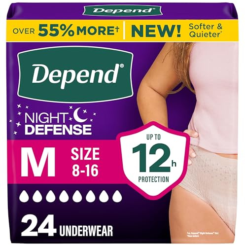 Depend Night Defense Adult Diapers, Incontinence & Postpartum Bladder Leak Underwear for Women, Disposable, Overnight, Medium, Blush, 24 Count, Packaging May Vary