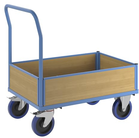 eurokraft | Plattformwagen mit Holzwänden | Vollelastik-Rollen | 3 Halbhohe Wände | Plattform-LxB 1010 x 660 mm