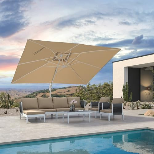PURPLE LEAF Parasol Déporté 2,7 × 3,5 m Rectangulaire Poteau Blanc avec Manivelle, Parasol de Jardin Extérieur Inclinable en Aluminium avec Protection UV et Rotation à 360°, Beige