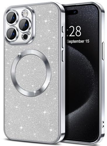 Hython for iPhone 15 Pro Case Glitter, Clear Magnetic Phone Cases with Camera Lens Protector [Compatible with MagSafe] Bling Sparkle Plating Soft TPU Shockproof Protective Cover Women Girls, Silver