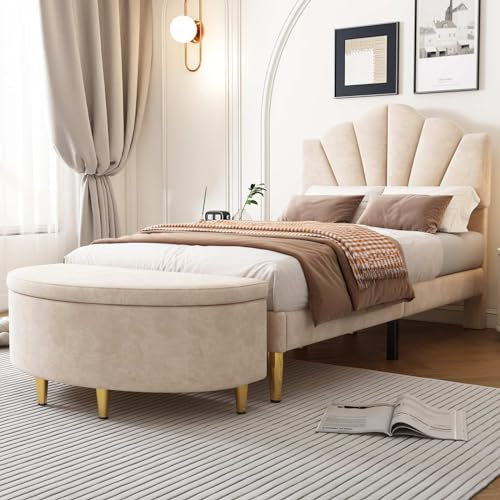 KOMHTOM Lit Rembourré Lit Plateforme avec Tête de Lit Cadre de Lit avec Sommier à Lattes en Bois Modernité Chambres à Coucher(sans Matelas) (Beige-avec Banquette, 90x200CM)