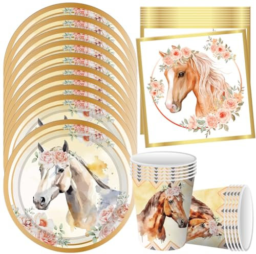 WIDEBG Vaisselle Chevaux Anniversaire Décorations Cheval Party Vaisselle de Fête d'anniversaire Assiettes Gobelets Serviettes Or Animaux Baby Shower A