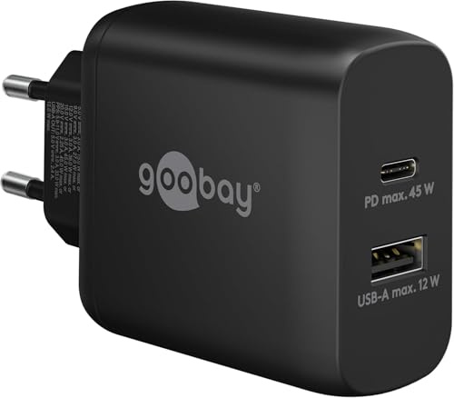 Goobay 65411 Dual Ladegerät 45W / USB-C & USB-A Schnellladegerät Power Delivery/Ladenetzteil mit 2 USB Anschlüssen/Charger für Handy, iPad, Tablet etc.