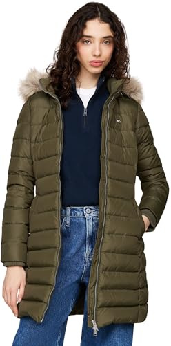 Tommy Jeans Damen Daunenmantel Essential Hooded Down Coat mit Kunstpelz, Grün (Fatigue Green), XS