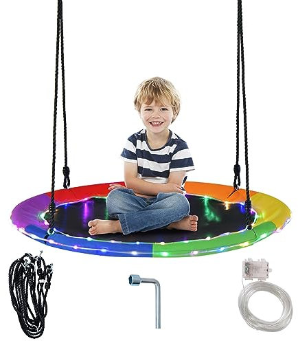 GOPLUS Nestschaukel Outdoor, Ø100cm Kinderschaukel höhenverstellbar bis 300kg Belastbar, Kinder Schaukel mit 8 Lichtmodi, Hängeschaukel Baumschaukel Rundschaukel für Kinder ab 3 (Bunt)
