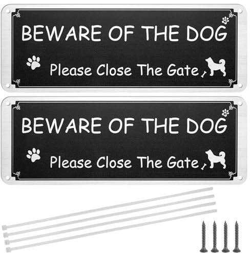 Beware of The Dog - 2 Pack Pre-Drilled Aluminium Metal Dog Warning Sign, Rustproof, UV Protected - with Zip Ties & Screws for Outdoor Gate Wall - 3.5'' × 9.8''