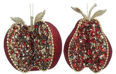 Gisela Graham Red Multi Sparkle Apple & Pear Hanging Christmas Decorations