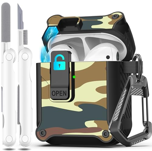 R-fun Compatible con AirPods 2.ª generación 2019, 1.ª Gen 2016 Funda Protectora, protección Total contra caídas, Tapa emergente automática para Funda Apple Airpods con Kit de Limpieza,Camuflaje De