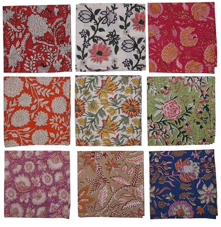 Marubhumi 10 Pc Cotton Cloth Napkins- Hand Block Print, Eco-Friendly, Dinner Napkins, Floral,Hand Made Size 16x16 Inch Printed Home Decor Multicolored