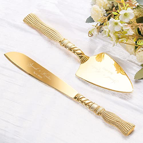 Cake Cutting Set for Wedding, Personalized Gold Cake Knife and Server Set, Custom Cake Serving Set, Engraved Pastry Pie Server Cake Pizza Cutter, Christmas Birthday Bridal Gift (Tassel)