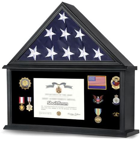 Sboitflmm Große Grabflaggen-Vitrine – Amerikanische Massivholz-Militär-Schattenbox mit gehärtetem Glas und Zertifikathalter, passend für 150 x 24 cm gefaltete Flagge, schwarzes Finish