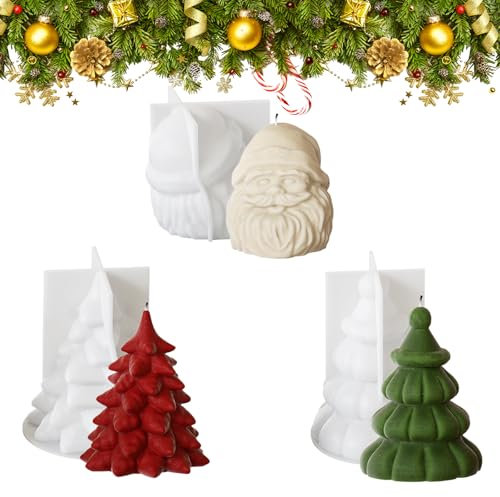 3-Piece Christmas Silicone Moulds: 2 Christmas Tree + 1 Santa Claus - Candle Making Supplies