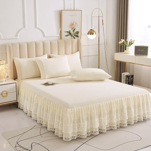 Homxi Bettrock Volant,(150 x 200 cm),Spannbetttuch mit Elastisch Einfarbig mit Spitze Spannbetttücher Gelb Beige