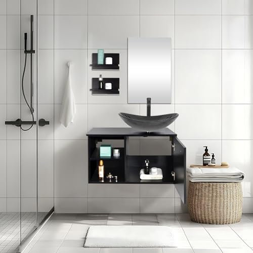 YU YUSING Mueble de Baño con Lavabo Vidrio y Espejo, Mueble Armario para Baño Bajo Lavabo con 2 Estantes Pared 1 Puerta, Juego de Grifo, Conjunto Muebles, Moderno Verde Menta