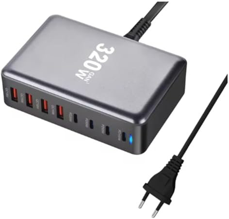 BYCUFF Cargador de Escritorio GAN de 320 W Cargador USB Tipo C PD de 8 Puertos Carga Rápida 3.0 Cargador Rápido USB Tipo C Cargador USB Móvil Enchufe UE