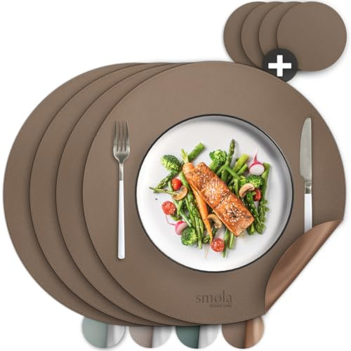 smøla Lot de 8 sets de table ronds en cuir synthétique – Avec dessous de verre I Sets de table lavables I Aspect cuir Sets de table pour assiettes et verres I Décoration de table Printemps Marron/doré