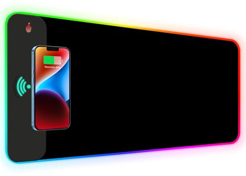 Lauspuck RGB Gaming Mouse Pad with Wireless Charging, Large LED Mouse Pad with 10 Light Modes, Extended Keyboard Pad Non-Slip Rubber Base,Waterproof Desk Pad for Home Office, Black