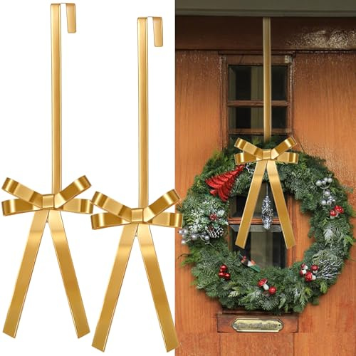 Otoolling 2 Pack Christmas Wreath Hangers for Front Door Christmas Decoration Metal Bow Door Wreath Hanger Front Gold Bow Garland Hooks Hanging Welcome Sign for Xmas Halloween Fall Decorations