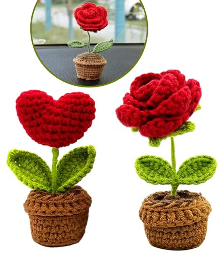 HUSOUE 2 Fiori Lavorati a Maglia, Fiori All'uncinetto in Vaso di All'uncinetto, Piante Decorative a Maglia, per Ufficio, Auto, Regalo per Donne (Rosa Rossa e Cuore D'amore Rosso)