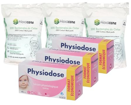 Pack PHYSIODOSE 3+3 | 3 Sérum Physiologique 40x5ml + 600 Rectangles de Cotons Hexacare 8x10cm | Hygiène Quotidienne Bébé | Format Économique