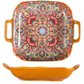 Ceramic Serving Platter with Handles,Bohemian Ceramic Plate,Square Dinner Plate,Colorful Salad Dish,Retro Fruit Plate(Style C)