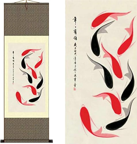 AtfArt Seiden Schriftrolle Gemälde, Asiatische Wall Decoration, Fisch Deko Wand – Jahr Haben Fisch – Roter Schwarzer Koi, Schöne Chinesische Painting, Hängende Malerei fur Wanddeko Orientalisch