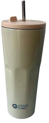Cherish Planet Insulated Tumbler, 700ml, Beige, Stainless Steel Straw, Leak-Proof Lid