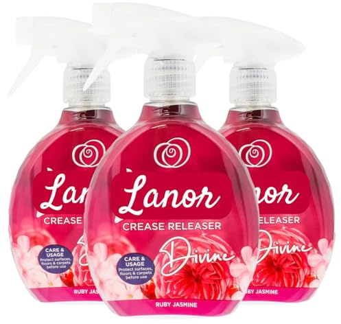 Lanor Crease Releaser Ruby Jasmine & Berries 500mlx3 Spray Divine Easy Ironing Aid for Clothes Linens & Fabrics Fresh Scent, Removes Wrinkles, Protects Surfaces, Safe on Floors & Carpets
