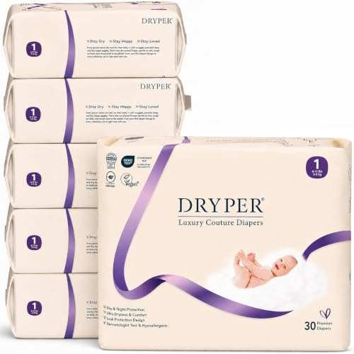 Newborn Nappies Size 1 DRYPER 180ct Oeko-TEX Hypoallergenic Soft 3-5kg | Sustainable Care: Certified FSC & Vegan, Compostable Pack, Silk Comfort Fabric, Wetness Indicator, Monthly Pack.