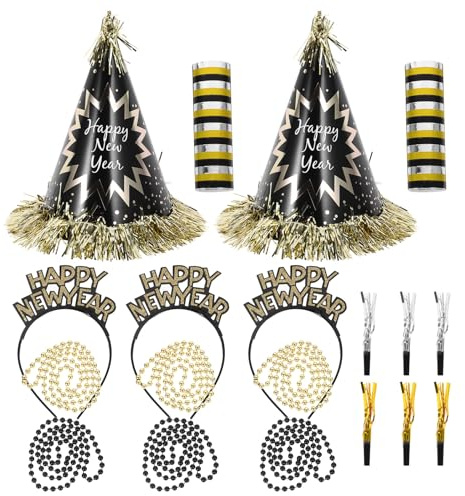 SHINEOFI Decoración para Fiesta de Año con Gorro de Papel Negro y Dorado Collar de Cuentas y Silbatos Accesorios Seguros y Versátiles para Celebraciones Interiores y Exteriores