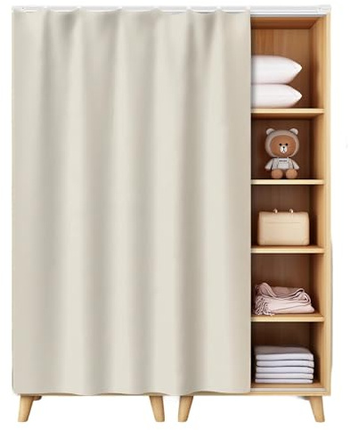 NEPHRA Rideau Placard Autocollant sans Perçage, Rideau sous Évier avec Rail Coulissant, Occultant Anti-Poussière en Flanelle pour Placard, Chambre, Salon, Salle de Bain(Light Beige,180 x 60 cm)