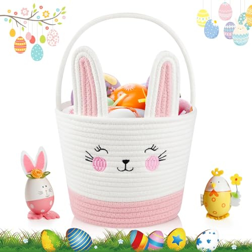SilverChry Cestini Pasquali, Cestino Pasqua in Corda di Cotone, Cestino Pasquale per Bambini con Manico, Sacchetti per Caramelle Bambini, Cesto Pasquale Caccia Uova Regalo di Pasqua (Pink)