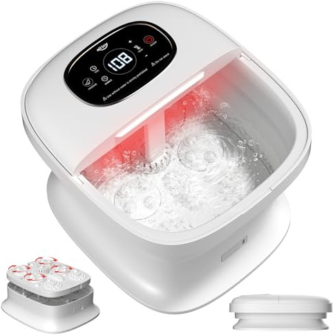 ALLJOY Pediluvio Massaggiatore Piedi, Massaggio Piedi con Rullo Massaggiatore Automatico, Pieghevole Idromassaggio Piedi per Alleviare Il Dolore, 24 Temperatura, Pietra Pomice, 6 Timer, Luce Rossa