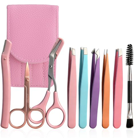 LOLANIUT 9 Teiliges Pinzetten Set aus Edelstahl, Make up und Augenbrauen Werkzeug Set in Rosa, Präzisions Pinzette mit Schere Rasierer Bürste, Beauty Set für Gesicht Augenbrauen Wimpern