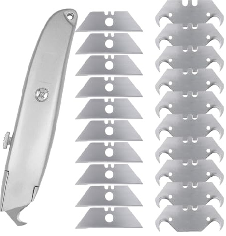HAPZUR Teppichmesser Profi Hakenmesser-Set – Robustes Cuttermesser mit 10 Trapez- & 10 Hakenklingen für präzise Schnitte in Teppich, PVC, Dachdecker & Handwerker.