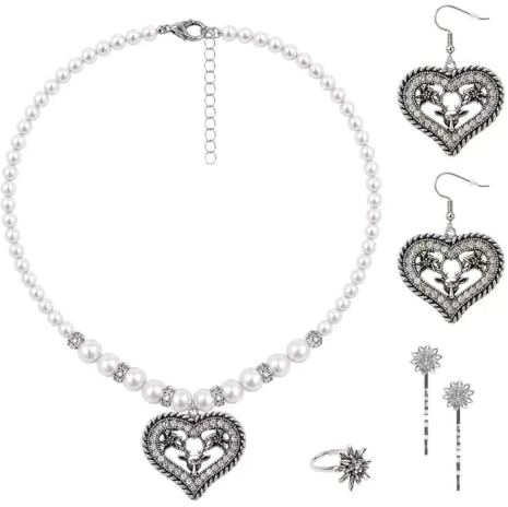 VTMJ 6 Stück Dirndl Schmuck Set, Trachtenschmuck Damen Set, Dirndl Kette mit Haarspange Ohrringen Ring, Edelweiss Oktoberfest Accessoires, Trachtenkette Oktoberfest Damen Outfit