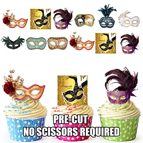 AK Giftshop PRE-CUT Masquerade Ball Masks Party Pack - Edible Cupcake Toppers Decorations (pack of 36)