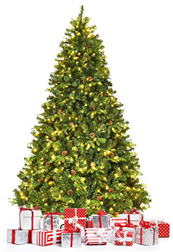 COSTWAY Albero di Natale 210/225/240 cm, Albero di Natale con 460/540/600 Luci a LED Bianco Caldo, 925/1125/1335 Rami e Pigne, Decorazione Natalizia per Casa e Negozio (225cm)