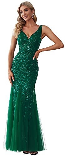 Ever-Pretty Women's V Neck Sleeveless Elegant Mermaid Maxi Evening Dress with Sequins Dark Green 20UK