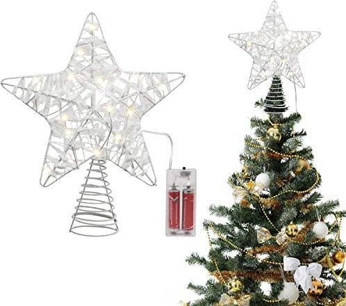 Belle Vous Estrella de Navidad para la Punta del Árbol (24 x 22 cm) Estrella Luz LED Blanca - Estrella 3D Metal con Textura de Nieve - Decoración de Navidad con 18 Luces LED (Pilas no Incluidas)