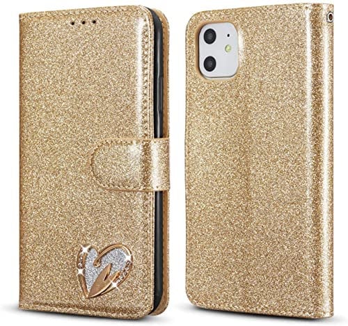 QLTYPRI Case for iPhone 12 Mini, Glitter PU Leather TPU Bumper Card Holder Wrist Strap Wallet Case with Inlaid Heart Diamond Flip Cover for iPhone 12 Mini (5.4 inch) - Gold