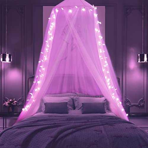 Betthimmel für Mädchen mit Lichtern, Prinzessinnen-Bettvorhänge mit 100 LEDs, Farbwechselstern, rosa Kuppel, Moskitonetz mit bunten Lichtern für Frauen, Dekoration, Doppelbett bis King-Size-Bett