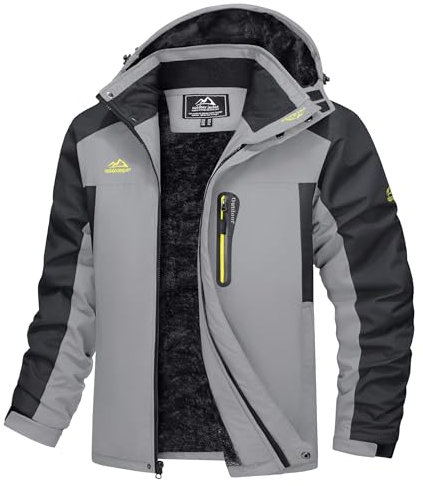 TACVASEN Herren Warme Skijacke Gefütterte Winterjacke Wasserabweisende mit Abnehmbarer Kapuzen (XL, Hellgrau)