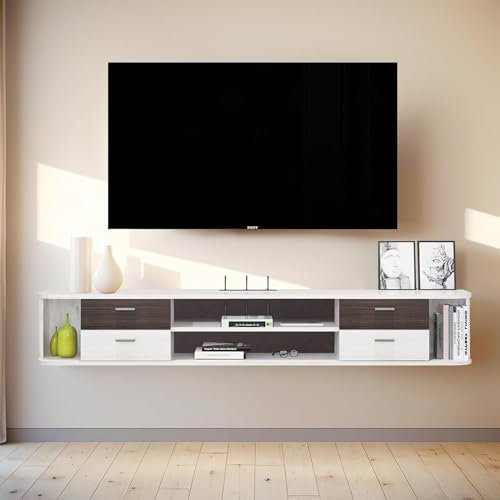 Pmnianhua Floating TV Unit, 55'' Wall Mounted TV Cabinet, Floating Shelves with 4 Drawers, Modern Entertainment Media Console Center Large Storage TV Bench for Living Room & Office (142cm, Grey White)