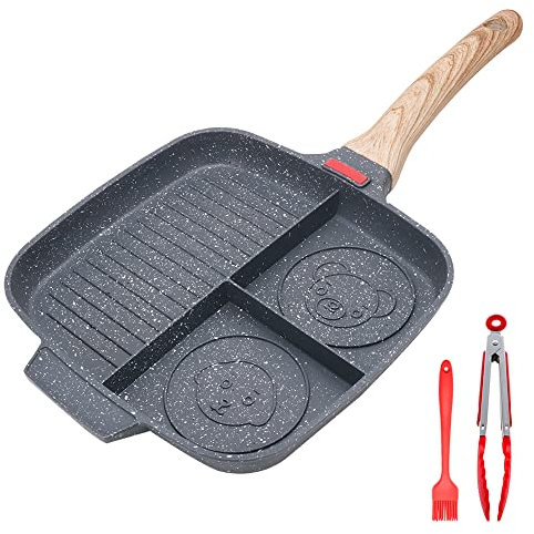 Bobikuke Nonstick Grill Pan for Stove Tops, 10.5 inch Sectional Skillet, Divided Pan for Breakfast, Square Grill Skillet with Silicone Brush & Clip, Compatible with All Stovetops (Black)