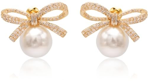 Clyhon New York Goldband Schleife Knoten Kristall Strass Weiße Perle Ohrstecker